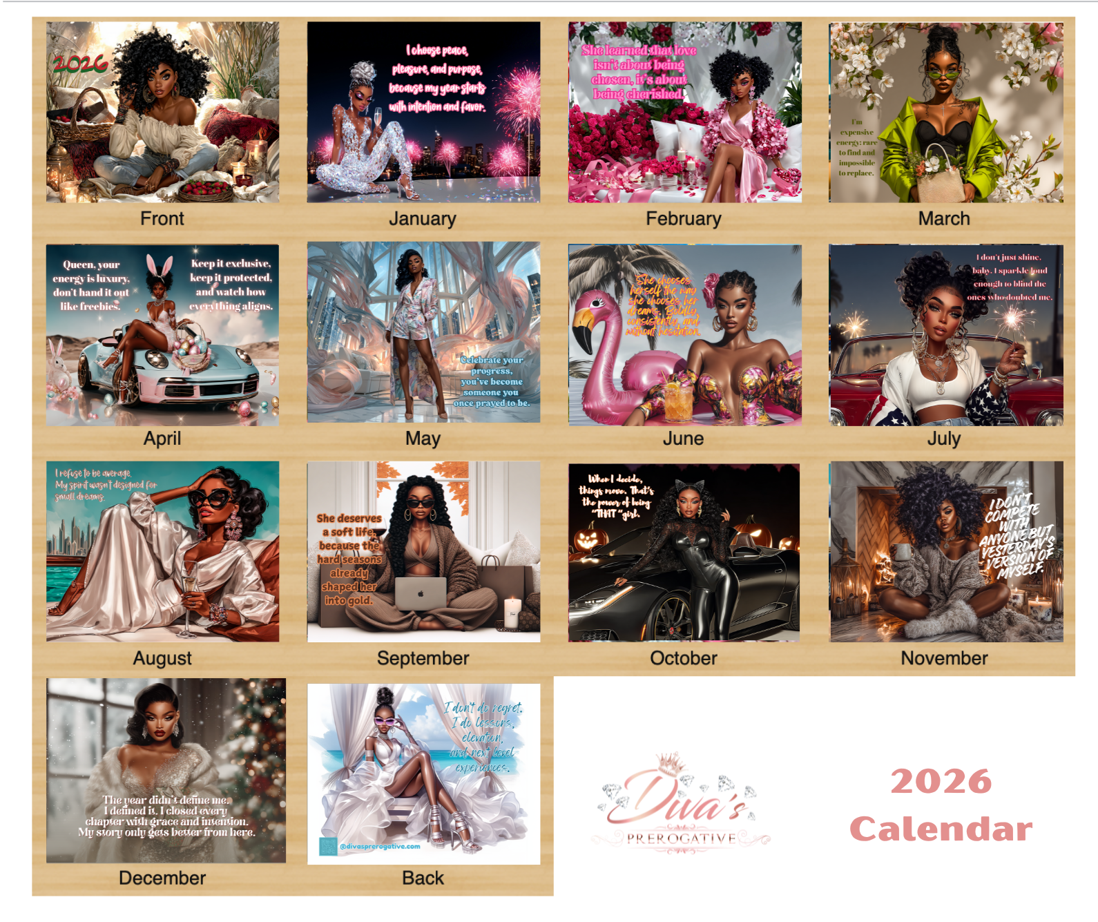 2026 calendar with monthly layouts featuring a woman in various poses and settings.